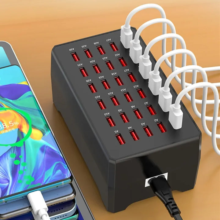 ChargeMax 30-port USB fast charging station. Efficiently powers up to 30 devices like phones and tablets.