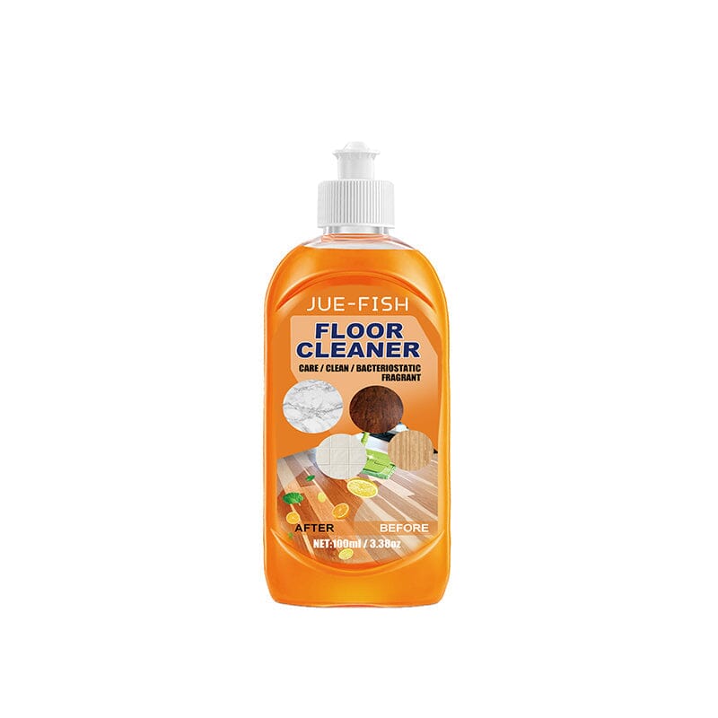 Bottle of universal floor cleaner, highlighting its powerful decontamination and lemon scent for home use.