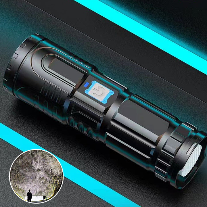 Flashlight illuminating a tent at night, powerful LED light providing comfort & safety for outdoor use
