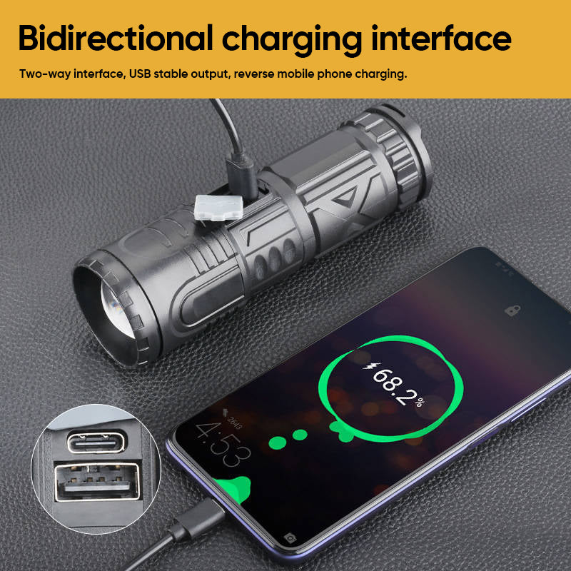 Close-up of LED flashlight head, showing powerful beam & sturdy waterproof construction for outdoor