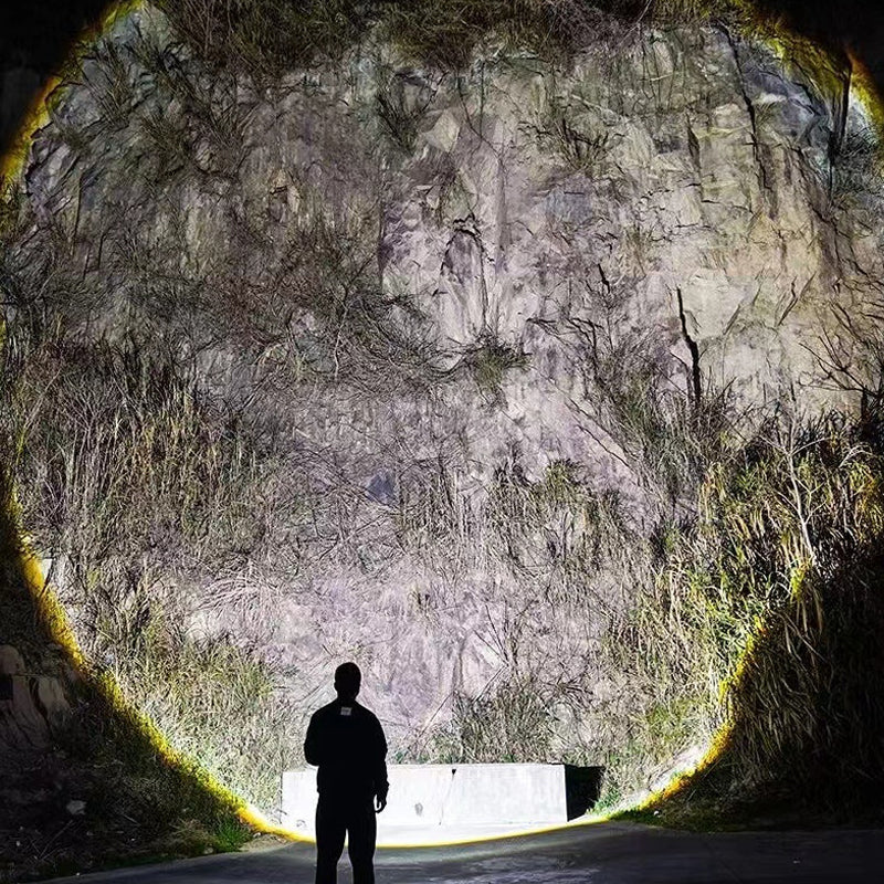 Survival gear LED flashlight, held in hand, showcasing compact size & powerful light for emergencies