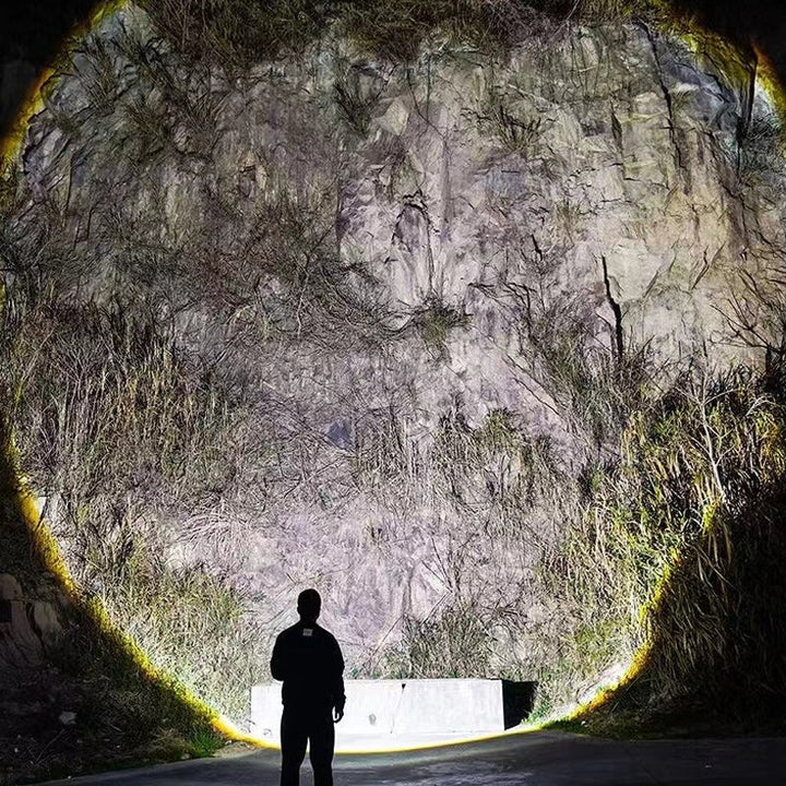 Survival gear LED flashlight, held in hand, showcasing compact size & powerful light for emergencies