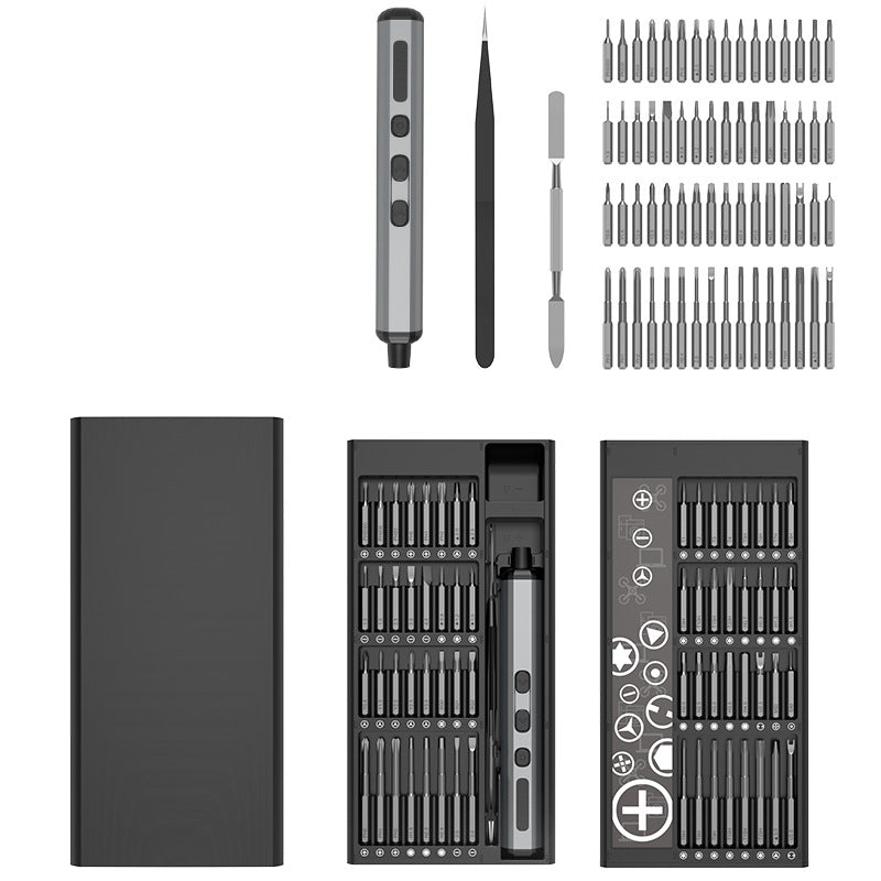 Rechargeable electric screwdriver set with various bits for DIY projects and electronics assembly. USB powered for convenience.