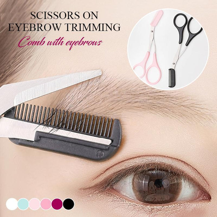 Precision stainless steel eyebrow shaping scissors with integrated comb for women's facial grooming.