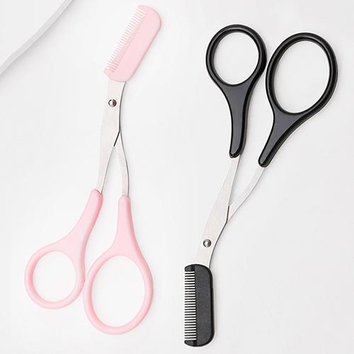 Eyebrow grooming scissors with comb, designed for precise trimming and shaping of women's brows.