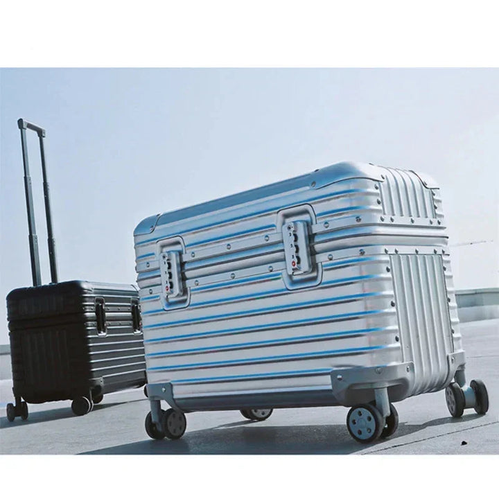 Sleek metallic aluminum hardshell travel suitcase. Robust design with spinner wheels for modern explorers.