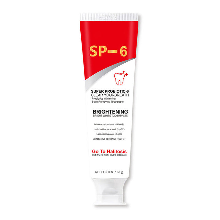 Studio shot of probiotic toothpaste for whitening and fresh breath, with a clean background.