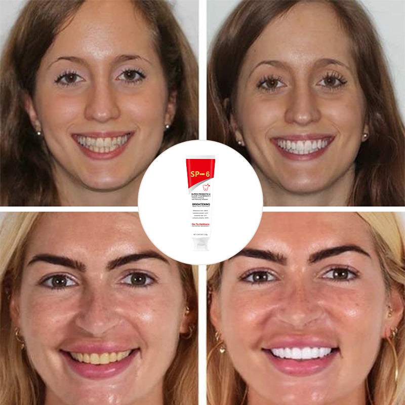 Ingredients focus: probiotic whitening toothpaste, highlighting natural extracts for fresh breath.