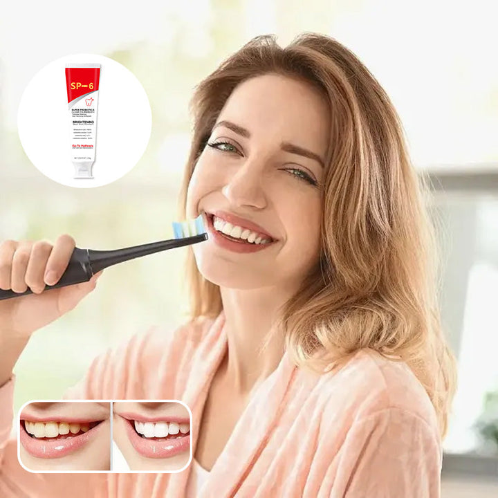 Probiotic whitening toothpaste and an electric toothbrush, essential for comprehensive dental health.