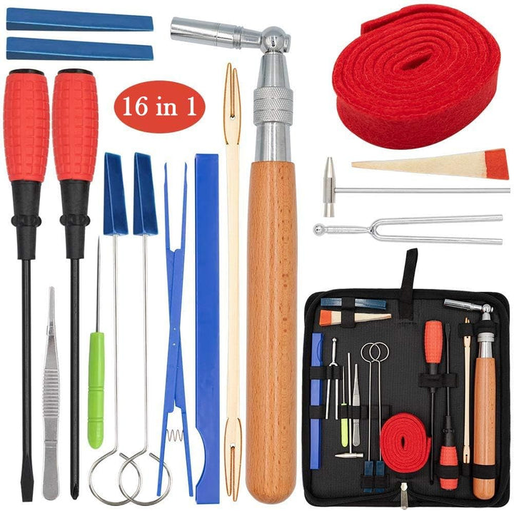 Home piano tuning & repair kit for precision sound adjustment, including essential musical instrument tools.