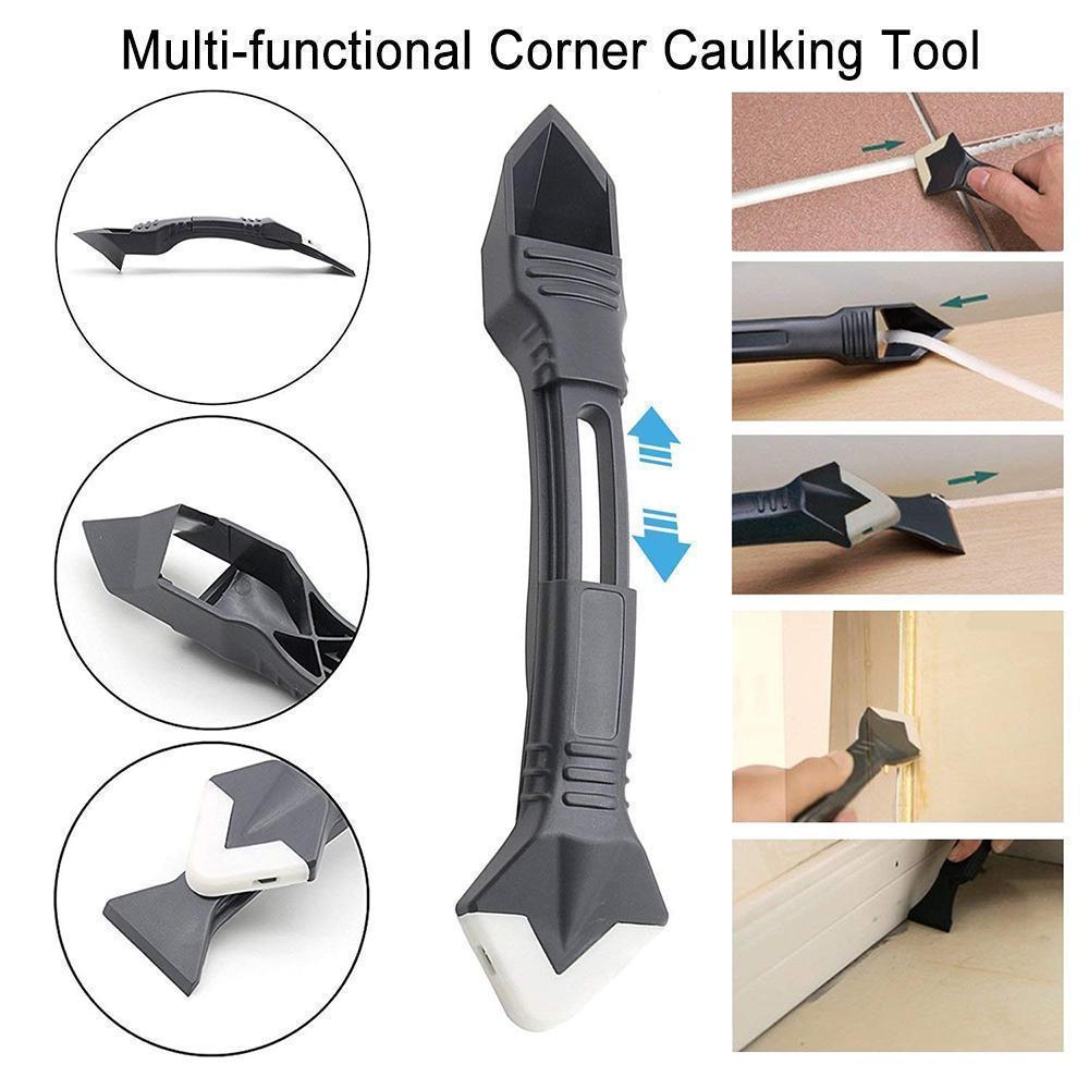 Caulking sealant tools, including silicone scraper and various finishing nozzles for repair