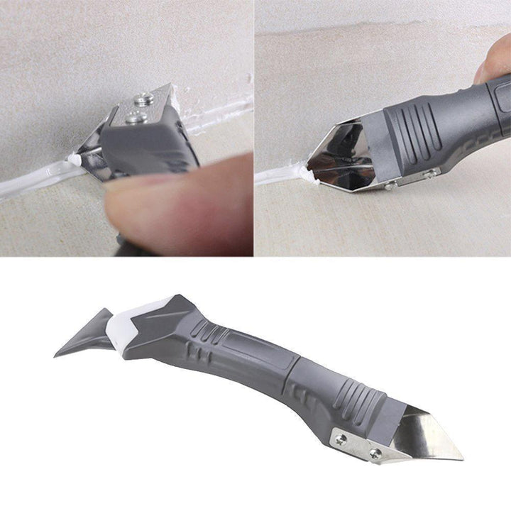 Set of caulking tools: silicone scraper, sealant finisher, and nozzle assortment for grout work