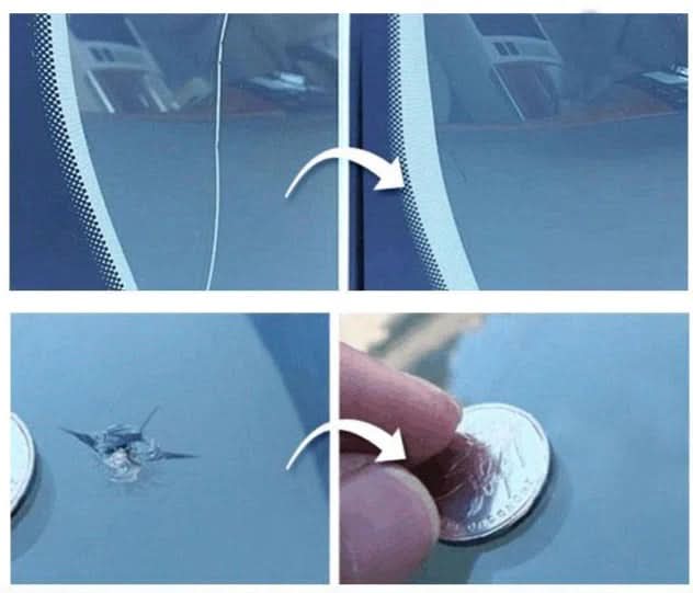 Close-up of a newly repaired windshield chip using a professional auto glass repair resin kit. Clear fix.