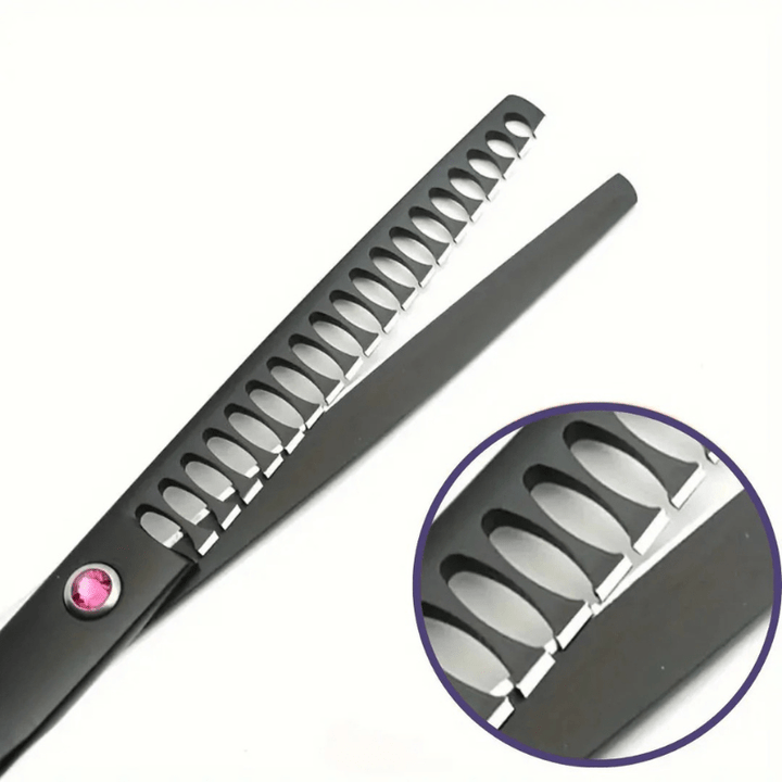 Ergonomic pet grooming scissors for safe & comfortable trimming of dog & cat fur. Essential professional grooming kit.