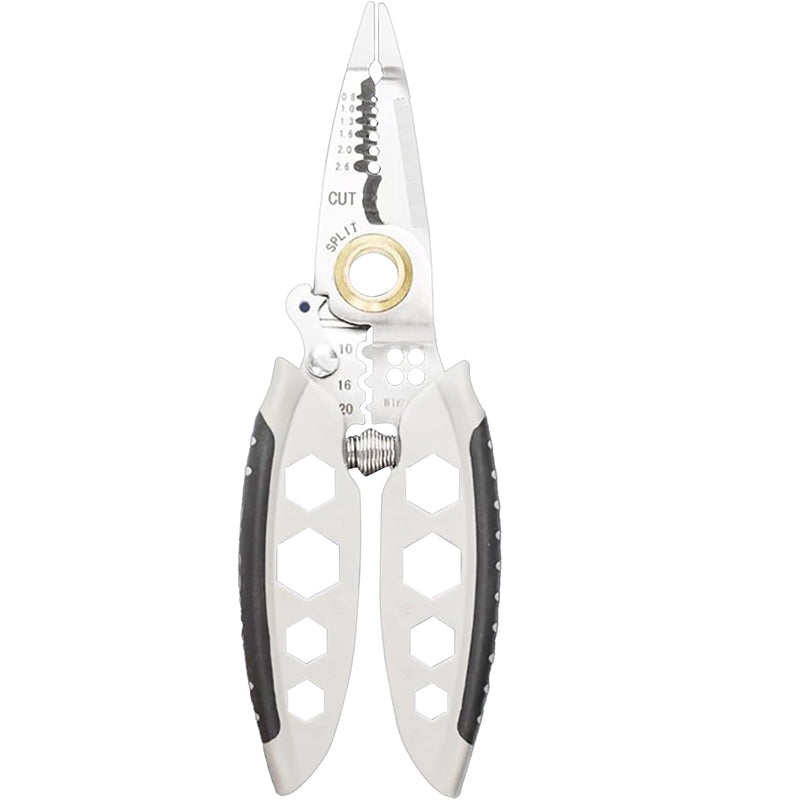 Electrician's multi-tool wire stripper, clearly showing the integrated crimping die for various terminal types.
