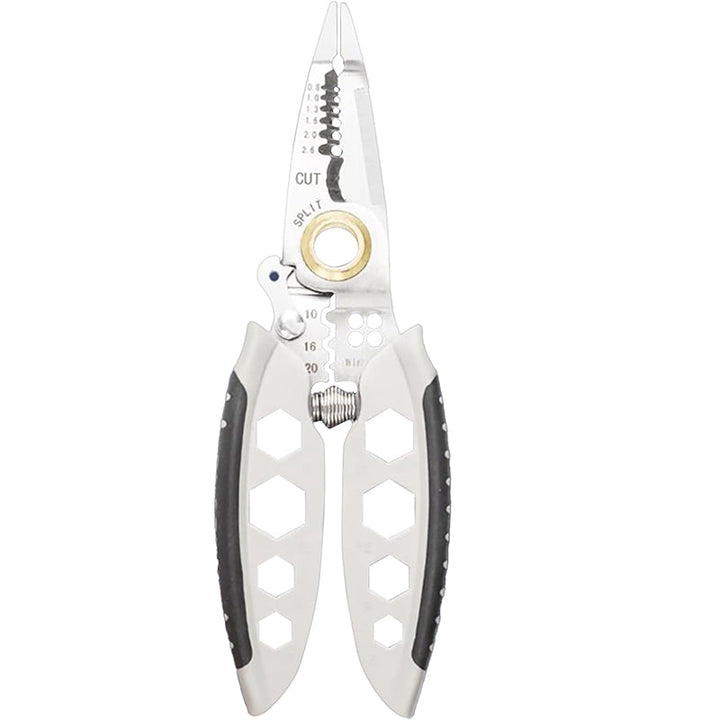 Electrician's multi-tool wire stripper, clearly showing the integrated crimping die for various terminal types.