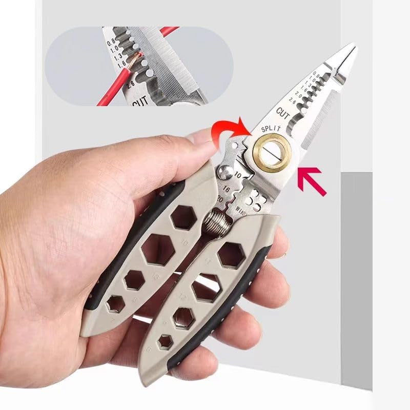 Wire stripper multi-tool for electricians, close-up of sharp blades for precise stripping of various wire gauges.