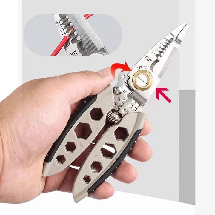 Wire stripper multi-tool for electricians, close-up of sharp blades for precise stripping of various wire gauges.