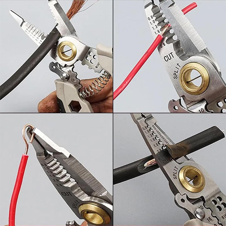Durable hand tool wire stripper, performing a clean cut on electrical wiring, essential electrician gadget.