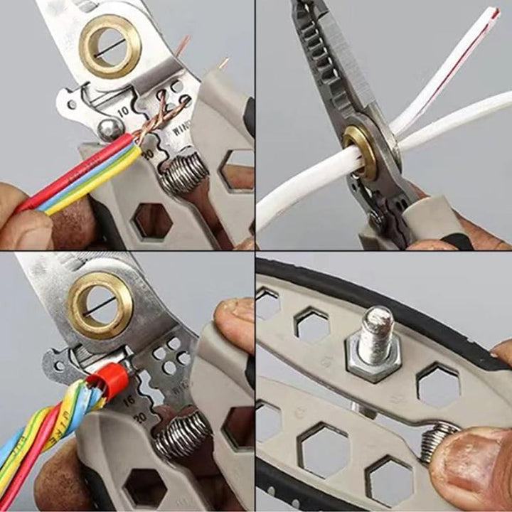 Versatile electrician's multi-tool, showing wire stripping, crimping, and cutting capabilities for DIY projects.