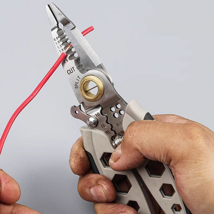 Professional grade electrician's multi-tool, designed for efficiency in wire stripping and crimping, DIY ready.