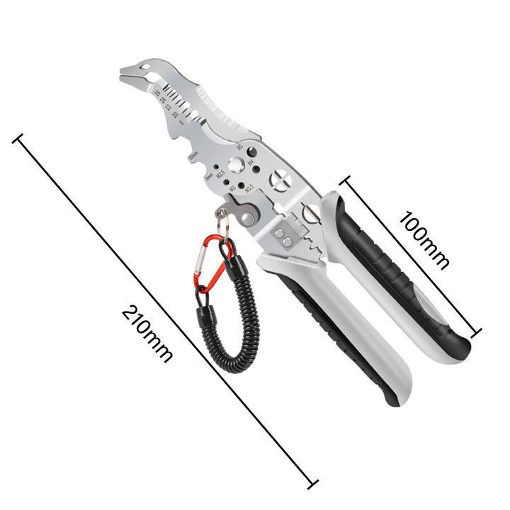 Brand new professional elbow wire stripper on a workbench, ready for electrical installation tasks.