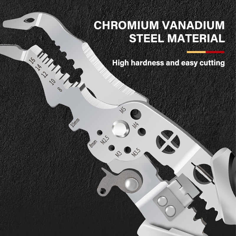 Close-up of the professional elbow wire stripper showcasing multiple stripping grooves and cutter.