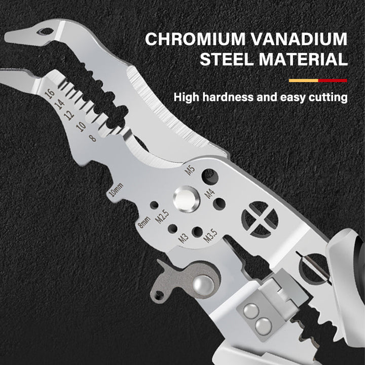 Close-up of the professional elbow wire stripper showcasing multiple stripping grooves and cutter.