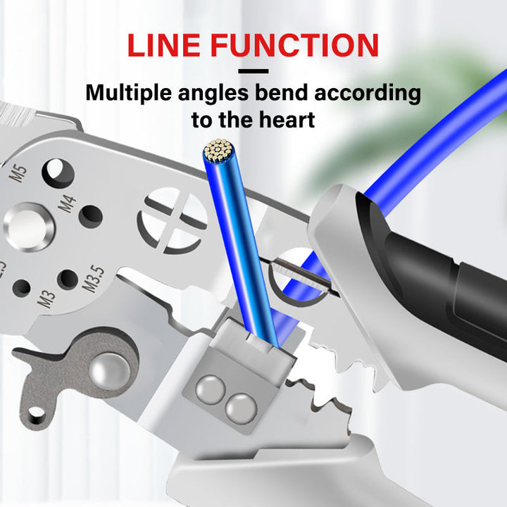 Hand holding a yellow and black elbow wire stripper, an essential professional electrical hand tool.