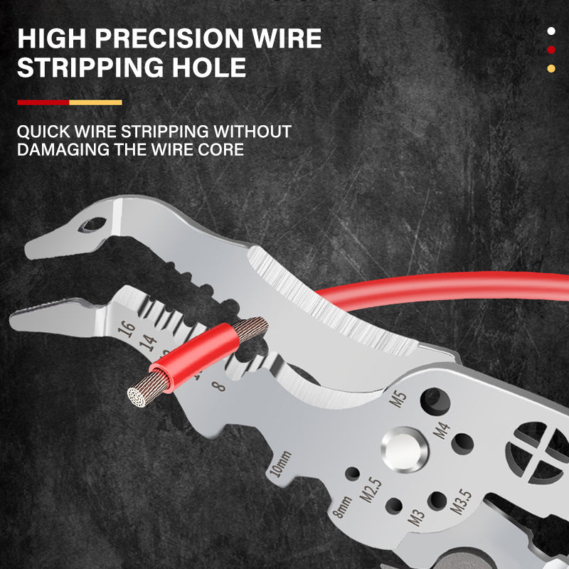 High-angle view of the durable professional elbow wire stripper, ideal for crimping and stripping.