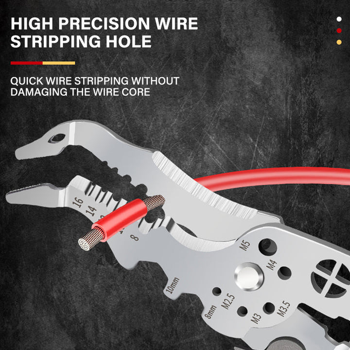 High-angle view of the durable professional elbow wire stripper, ideal for crimping and stripping.
