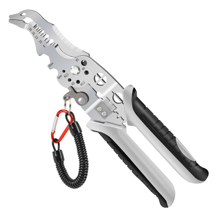 Multi-purpose elbow wire stripping tool with sharp blades for precise cutting of various wire gauges.