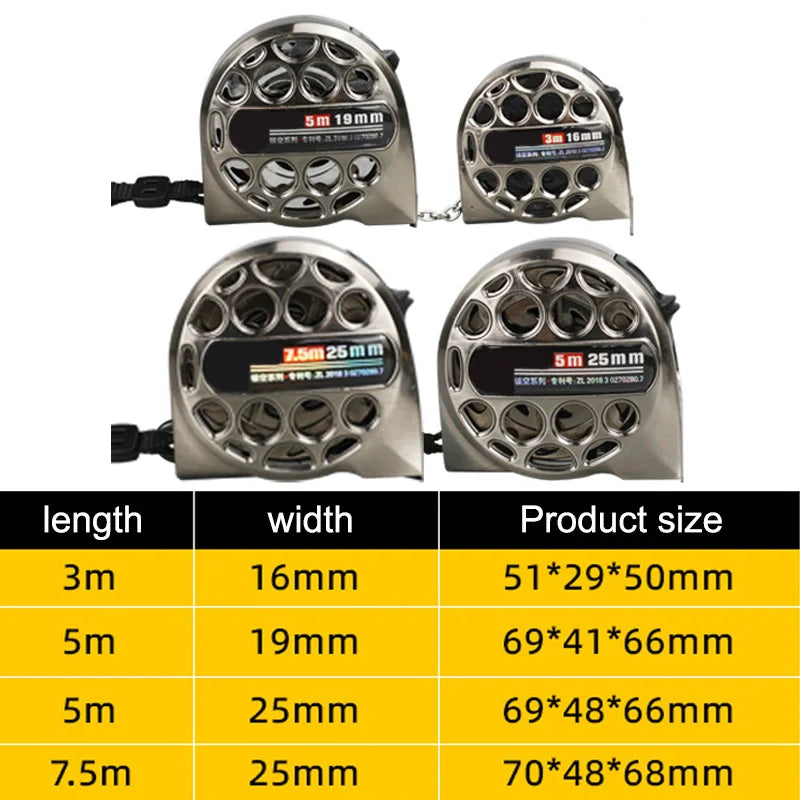 Variety of retractable metric measuring tapes in different lengths: 3m, 5m, 10m for diverse needs