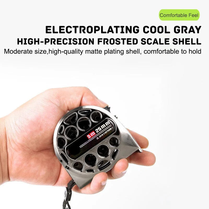 Ergonomic design of a retractable metric measuring tape, showing comfortable grip & lock mechanism