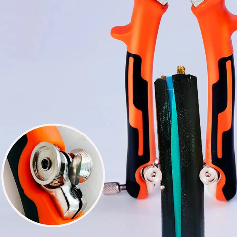Hand holding a professional wire stripper tool, ready for use in electrical repair or installation
