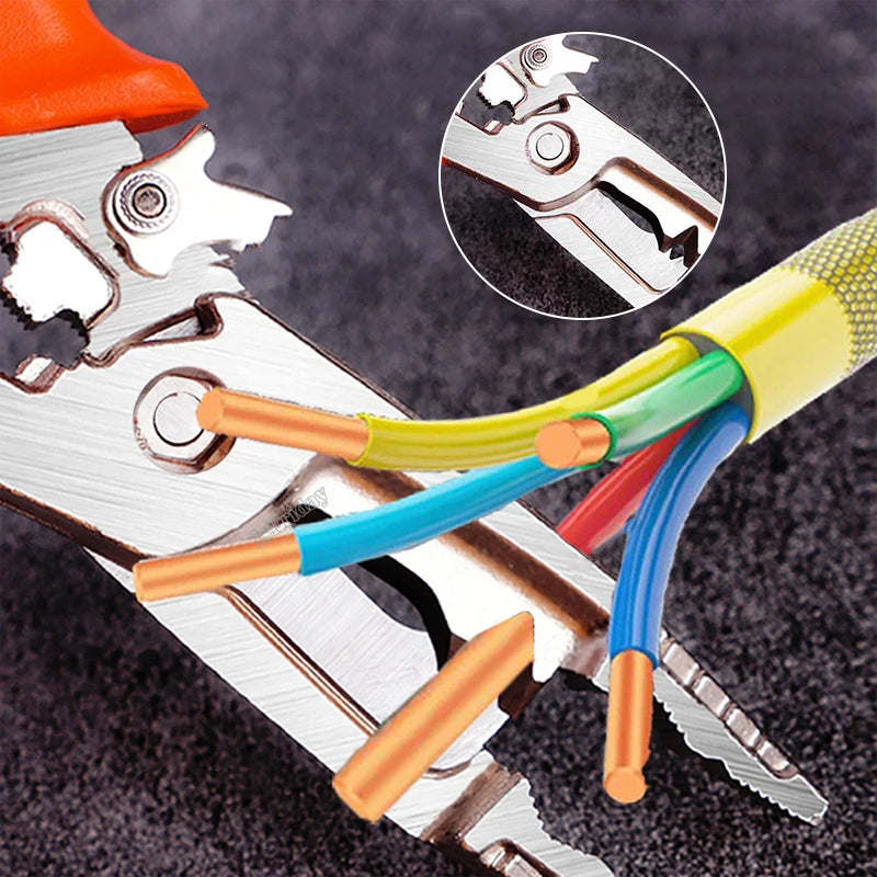Professional wire stripper tool shown with different wire sizes, illustrating its adaptability for various jobs