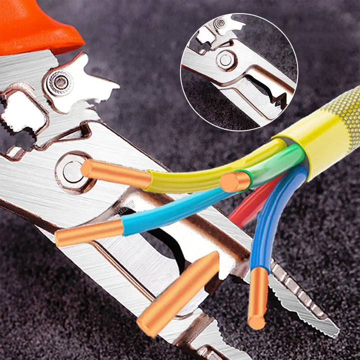 Professional wire stripper tool shown with different wire sizes, illustrating its adaptability for various jobs