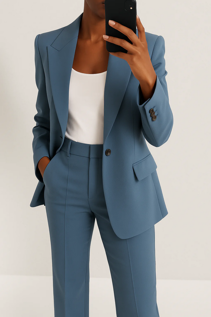 Elegant women's structured power suit blazer with matching trousers for versatile professional fashion.