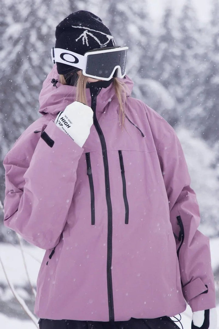 Purple & black unisex windproof ski & snowboard jacket, a cold weather winter coat for outdoor sports.