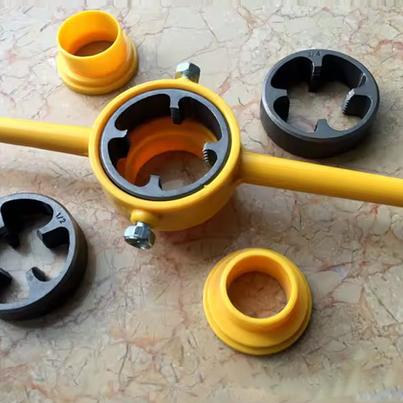 Set of PVC pipe threading dies in different sizes, organized in a kit for plumbing projects