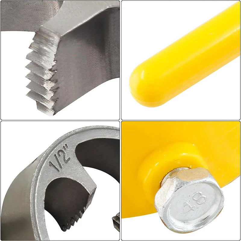 Ergonomic handle of a PVC pipe threading tool, designed for comfortable grip in plumbing tasks