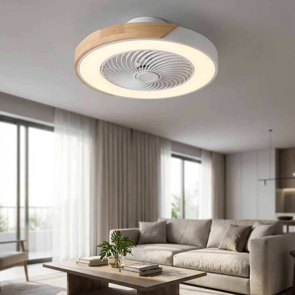 Quiet modern ceiling fan with integrated dimmable LED light for home cooling and comfort.