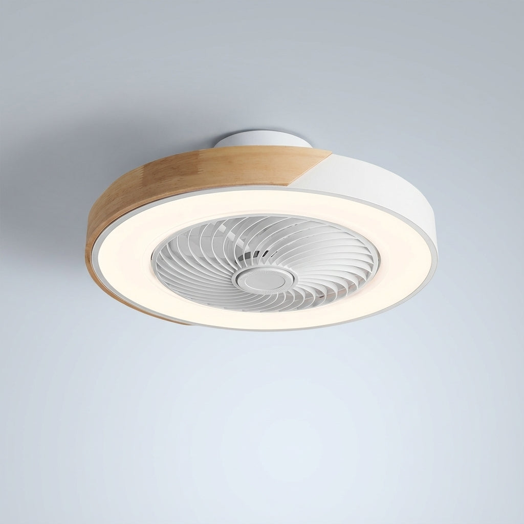 Sleek bladeless ceiling fan by Breezora, featuring a quiet motor and dimmable LED light.