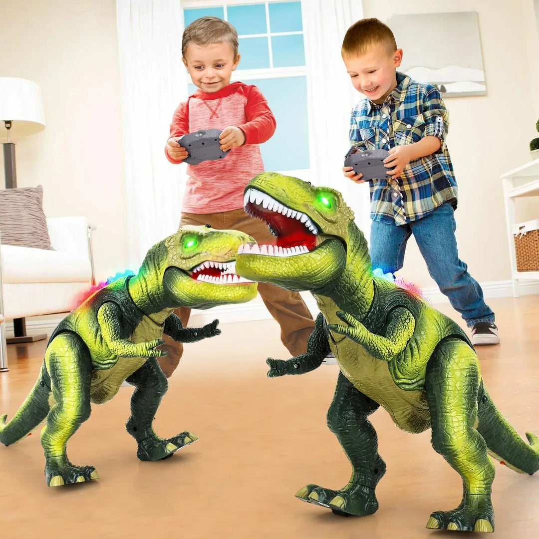 Kids playing with remote control T-Rex dinosaur toy. Walking, roaring & light-up RC tyrannosaurus rex for boys/girls.