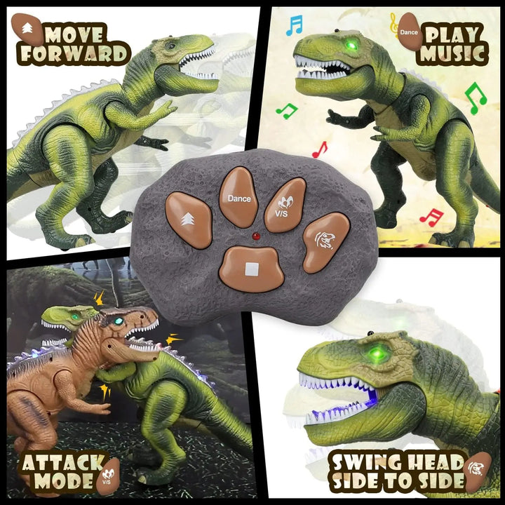 Close-up of a remote control T-Rex dinosaur toy, showing LED lights & open mouth for roaring sounds. Educational gift.