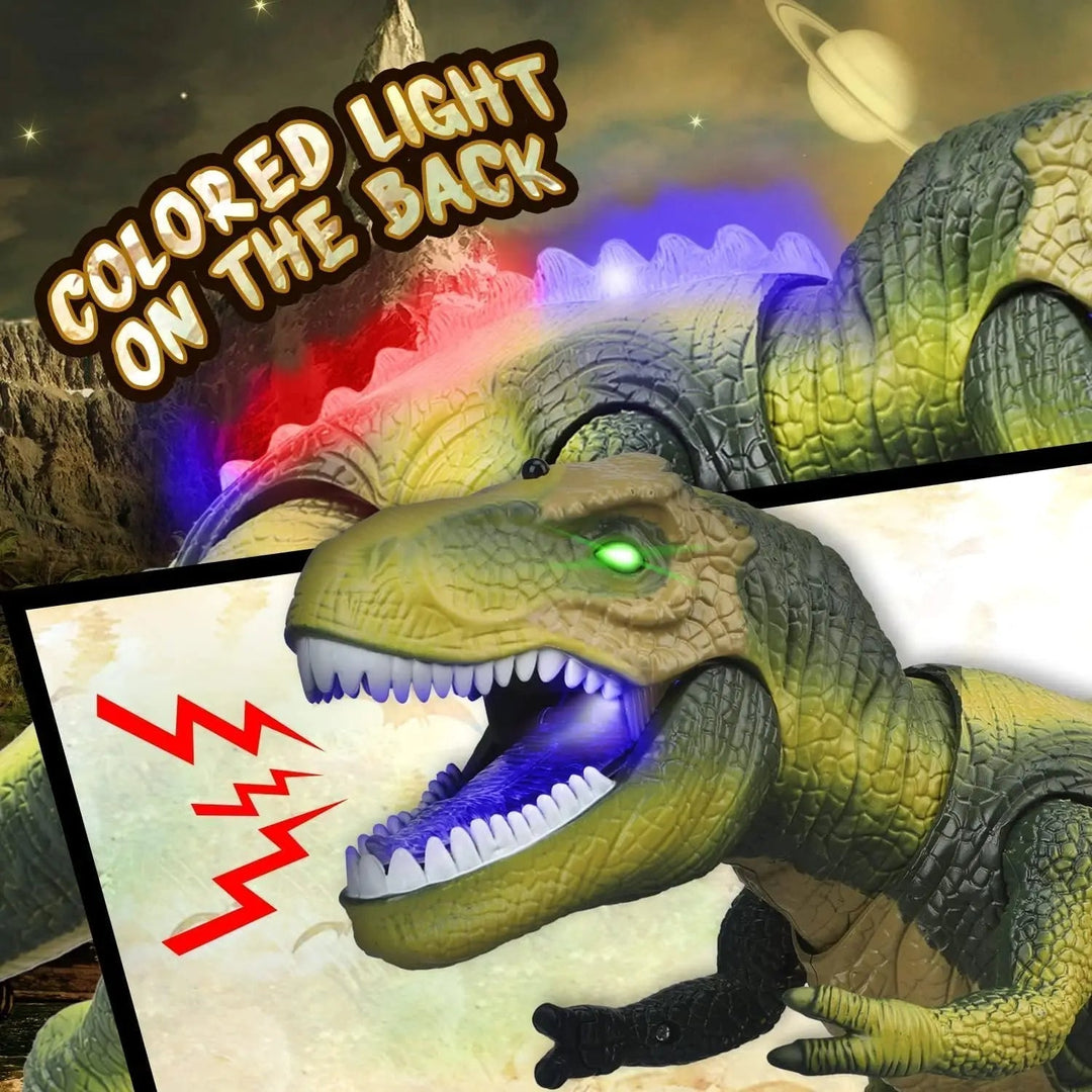 Child joyfully controlling a large RC T-Rex dinosaur toy, featuring realistic walking motion, roars & bright LED lights.