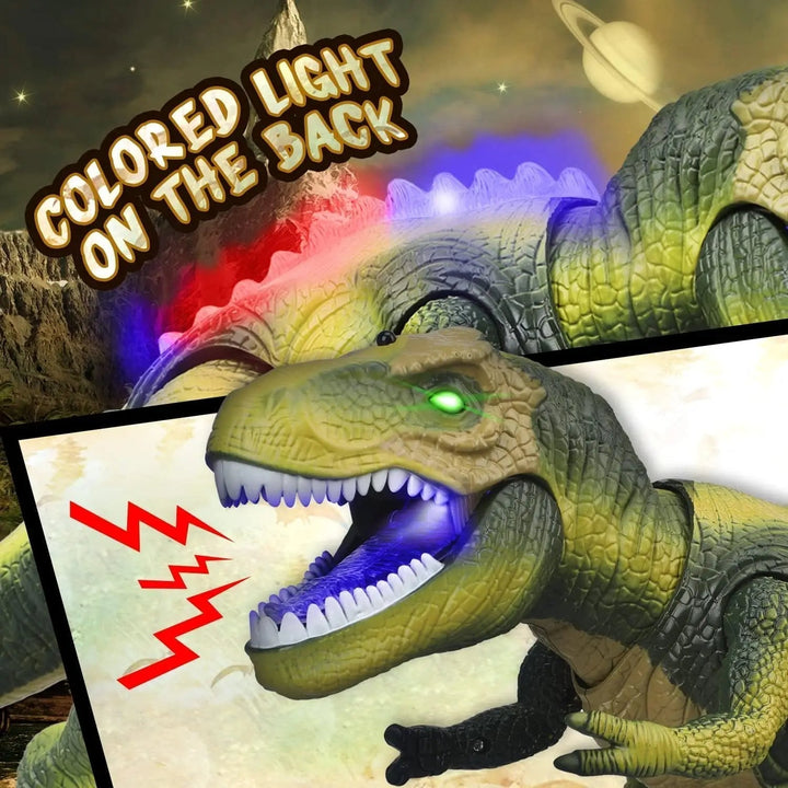 Child joyfully controlling a large RC T-Rex dinosaur toy, featuring realistic walking motion, roars & bright LED lights.