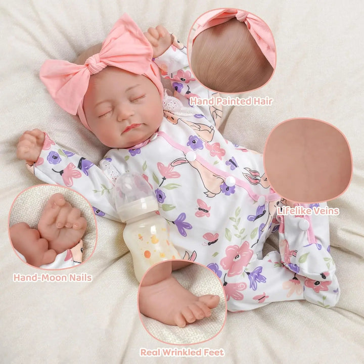 Reborn baby doll with realistic features, ideal comfort toy for toddlers and nurturing play.