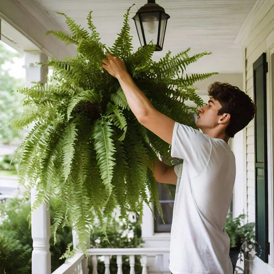 Realistic UV protected artificial Boston fern plant, perfect for outdoor patio decor, maintenance-free greenery.