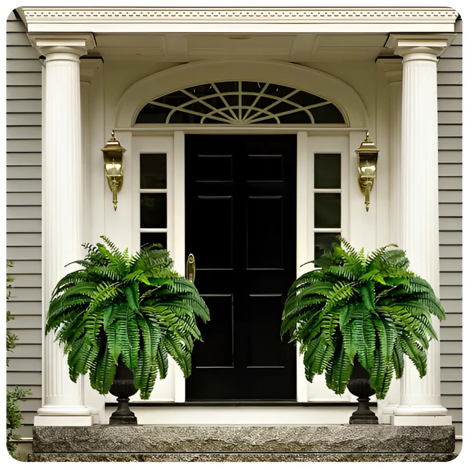 UV protected artificial Boston fern, ideal for patio, porch, or indoor decor. Realistic, maintenance-free plant.